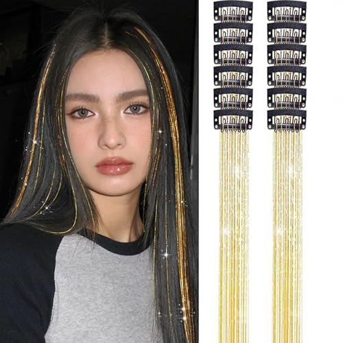 12 Piece Hair Tinsel Clip in Extensions 20 Inches Long Synthetic Secure Attachment for Halloween Parties Decoration Easy Clip He