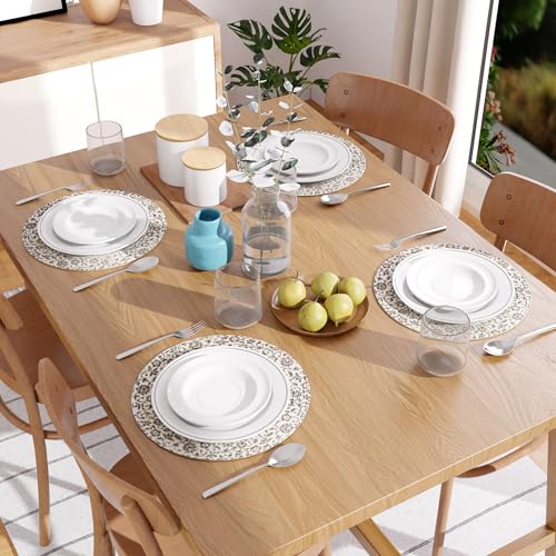 Image of Dining Table Mats Set of 4 | Cotton Table Mat 32 cm Diameter, Encasa XO Washable Round Table Mats, Heat Resistance Dining Table Placemats, Handmade Ribbed Style for Centre Table, Printed Grey