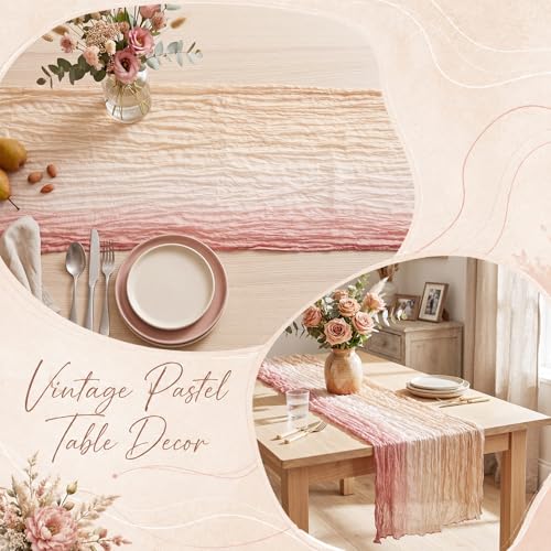 Tegeme 12 Pcs Gradient Pink Cheesecloth Gauze Table Runner 35.4" x 70.8" Crinkle Boho Style Wedding Decor Rustic Sheer Runner for Bridal Shower Birthday Party Decorations Event Various Occasions by Tegeme - Used condition - Image 4