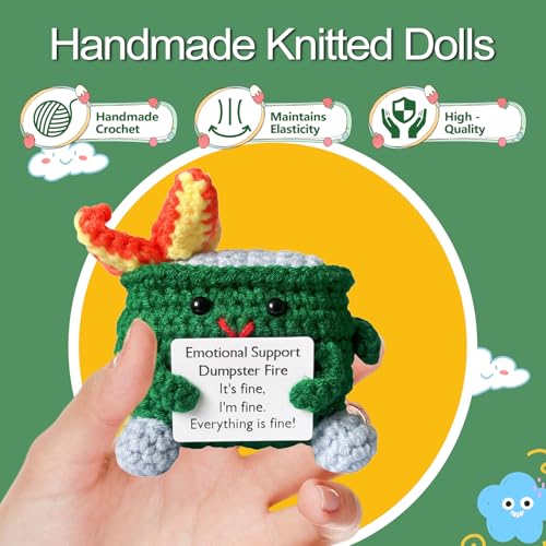 Image of RovyFota Emotional Support Crochet Dumpster Fire with Positive Card Cute Room Decor Knitted Toys Funny Crochet Support Buddies Gifts for Friends (Green&Pink&Red)
