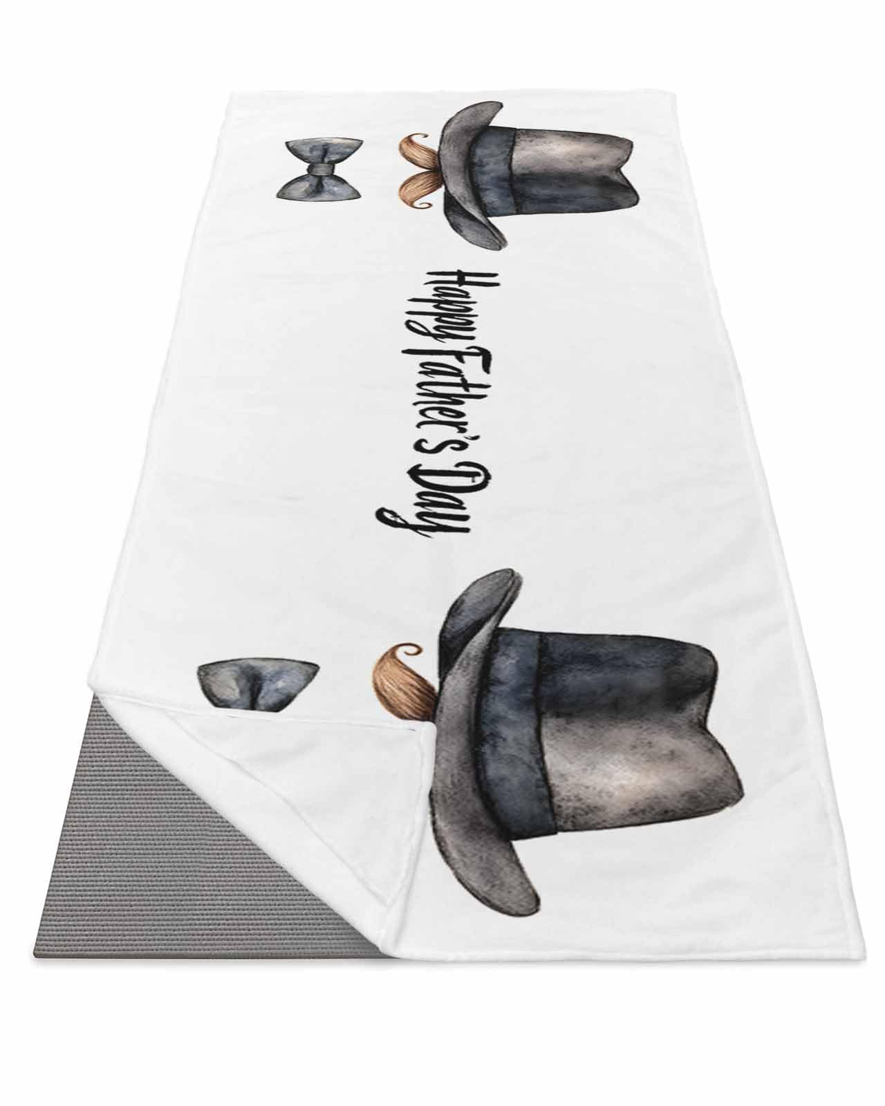BOSIJOY Yoga Mat Towel,Watercolor Hat Beard Bow Tie Non Slip Sweat Absorbent Hot Yoga Towels with Corner Pockets,Happy Father's Day Text on White Soft Microfiber Towel for Pilates Bikram 70
