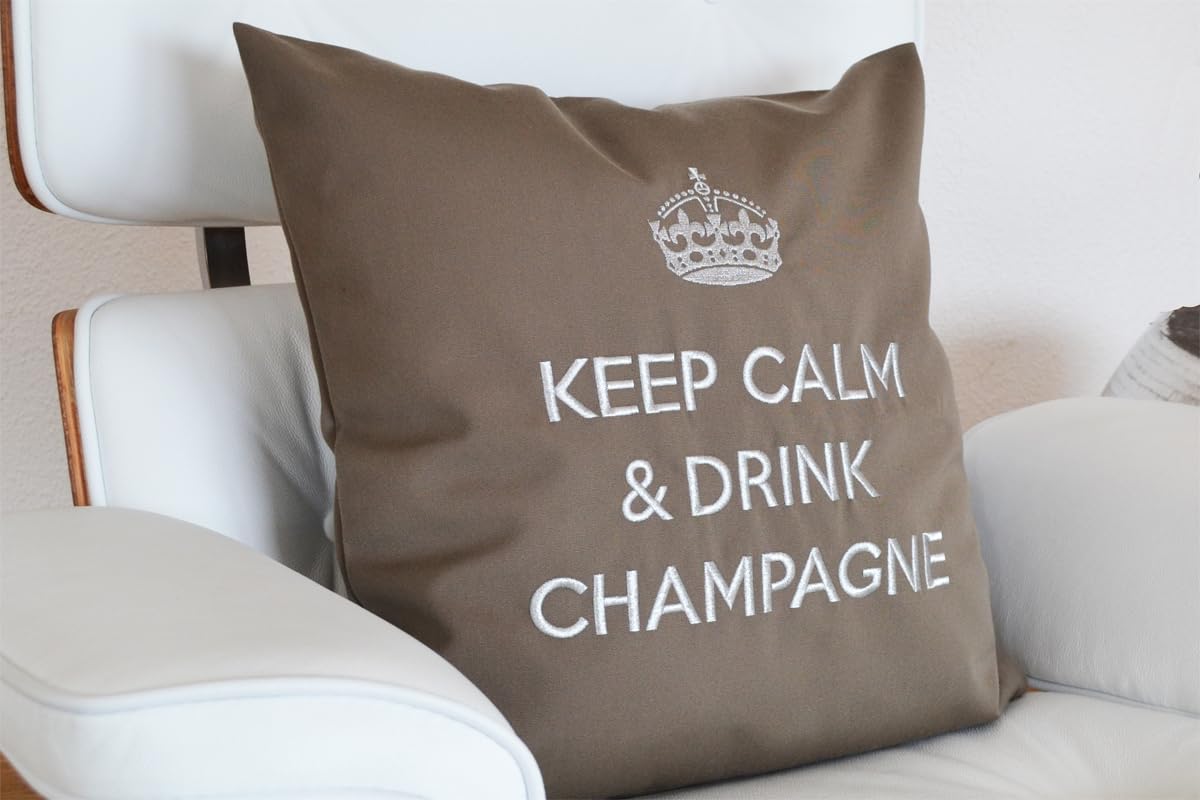 chillisy® Cuscino per esterni Premium Keep Calm & Drink Champagne – Tortora Argento – Cucito in Germania – 5 anni di garanzia colore