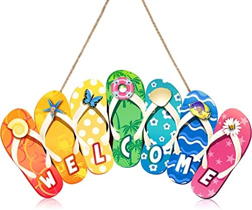 Summer Slippers Hanging Sign Shape Welcome Hello Flip Flop Wooden Door Sign Hanging Plaque Rustic Wall Sign Yard Indoor Outdoor Garden Decoration with Rope (Welcome)