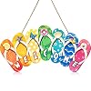 Summer Slippers Hanging Sign Shape Welcome Hello Flip Flop Wooden Door Plaque Rustic Wall Sign Yard Indoor Outdoor Garden Decoration with Rope Welcome