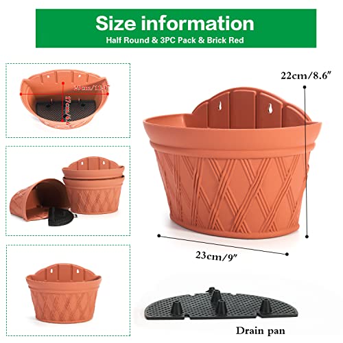 Sungmor Wall Hanging Planters,11.5 Inch Hanging Flower Pots For Railing Fence - Indoor Outdoor Balcony Wall Hanging Basket, Plastic Plant Pot Container - Half Round & 3Pc Pack & Brick Red #TOP5