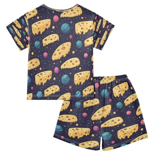 Pajama Sets Short Sleeve Cheese Slices and Planets Pattern Soft Cotton Summer Sleepwear 2 Piece PJS Size 5-14T2