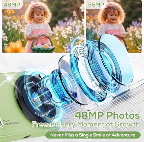 Image of Digital Camera for Kids, HILDCROA 48MP FHD 1080P Point and Shoot Digital Cameras with 16X Zoom Anti-Shake, Compact Portable Cameras for Photography, for Boys Girls Teens Beginners,Green