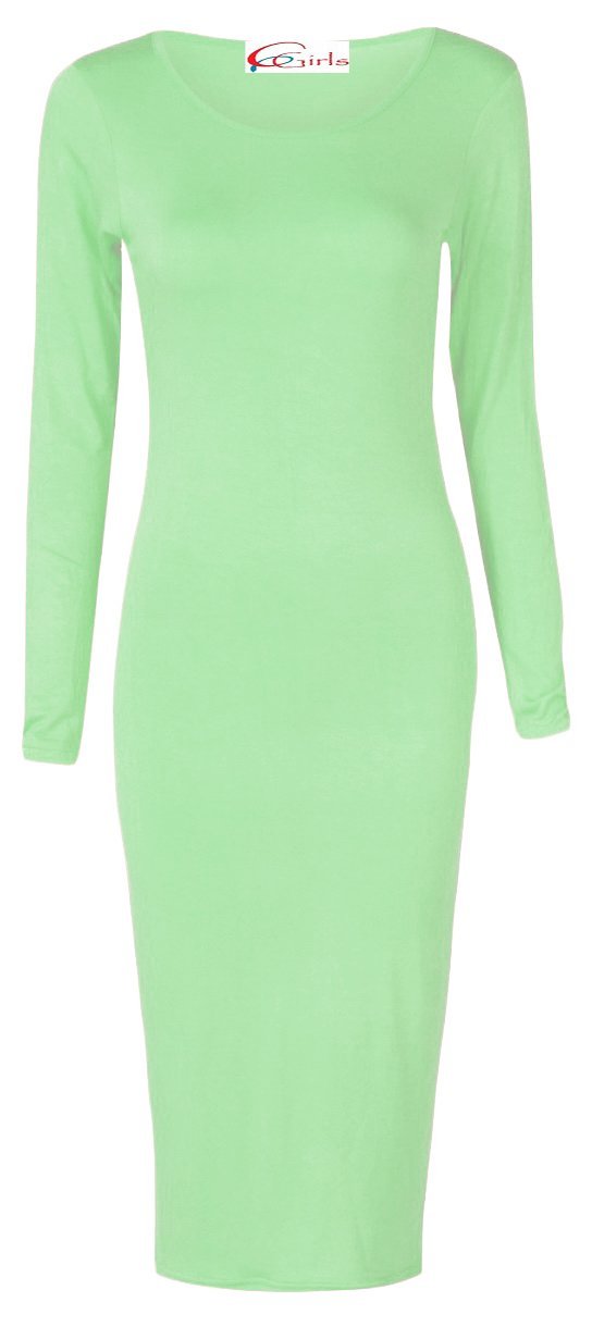 Crazy Girls Womens Plain Long Sleeve Scoop Neck Stretch Bodycon Maxi Midi Dress (XL-UK16-18, Mint)