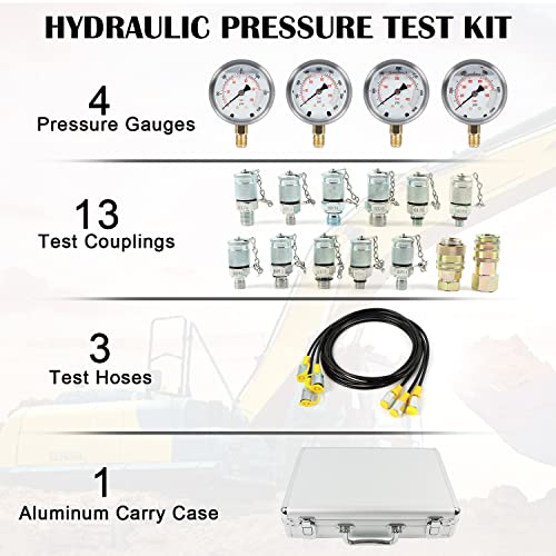 Image of Hydraulic Pressure Test Kit 100 /250 /400 /600bar, 4 Gauges 13 Couplings 3 Test Hoses Hydraulic Gauge Kit for Excavator Construction Machinery Ships Mine