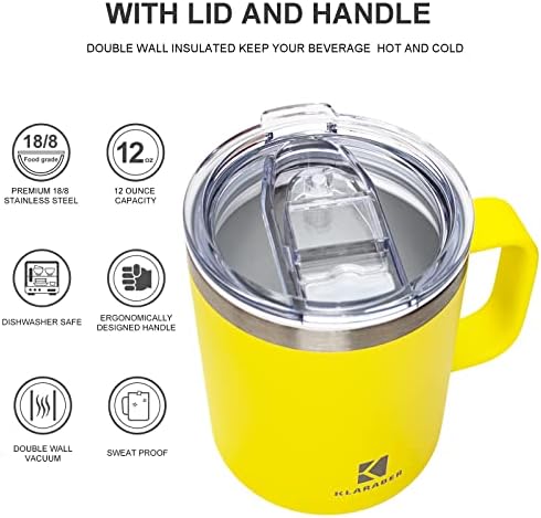 Klaraber Thermal Mug with Handle, Vacuum Insulated Mug with Lid, Stainless Steel Coffee Mug, Tea Cup, Double Walled Travel Mug, Camping Mug, Beer Mug, Spill Proof, Reusable, 350 ml / 12 oz (Yellow)