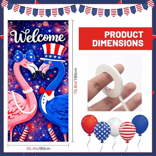 Image of BlissYard Patriotic Flamingo Door Cover 71x35 Inch 4th of July Welcome Door Decoration Red White Blue Flamingo Front Door Banner Independence Day Porch Door Cover July 4th Door Decorations Outdoor