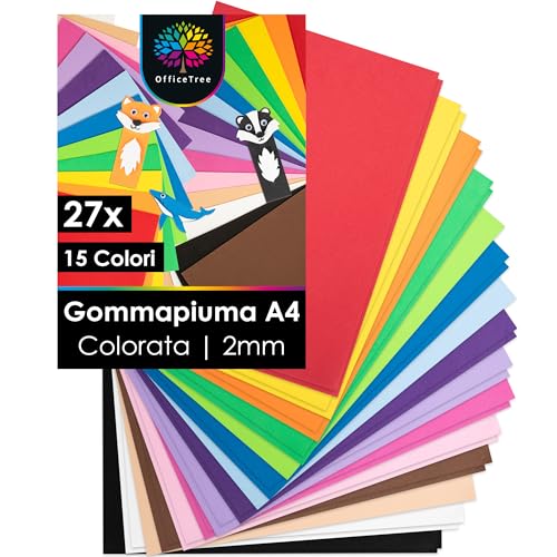 OfficeTree 27x Gomma EVA Fogli Grandi A4 2mm - 15 Colori - Gomma Crepla Fogli non Autoadesivo - Carta Crepla Colorata per Hobby Creativo - Gomma EVA Modellabile