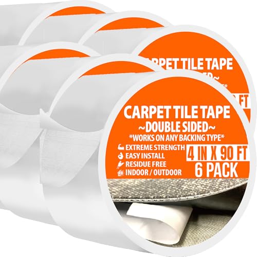 Image of Carpet Tile Tape Double Sided 4in x 90ft (6 Pack) Heavy Duty Reinforced Web Mesh Residue Free - Indoor Outdoor for Carpet Tiles, Hardwood, Vinyl, Rugs, Carpet, Rubber & Mat Gripper