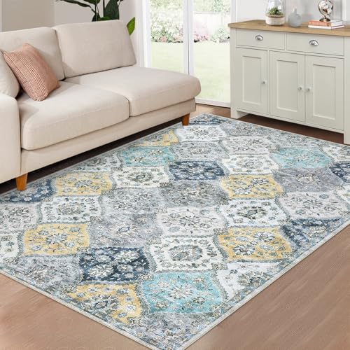 Tapete Oriental Lavable 9x12 Pies Azul y Amarillo miniatura 1