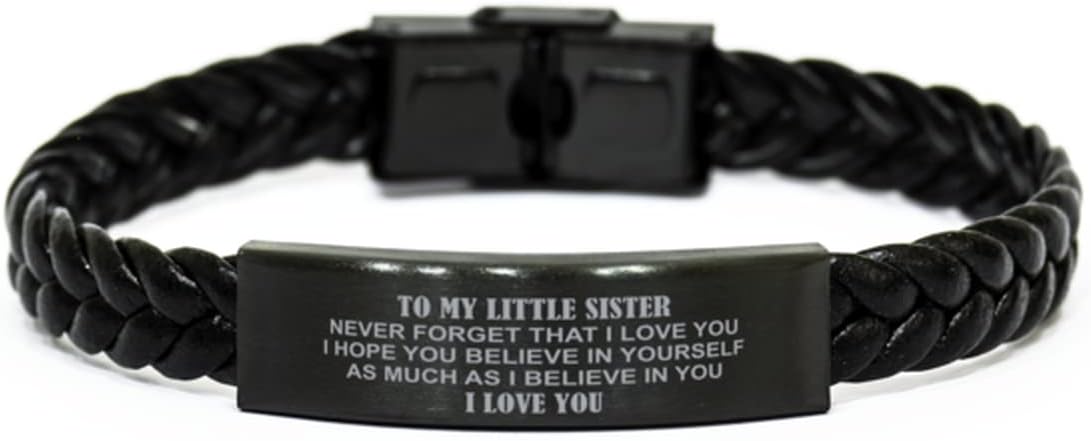 Engraved Bracelet Gift for Little Sister - Never Forget That I Love You, Braided Leather Bracelet