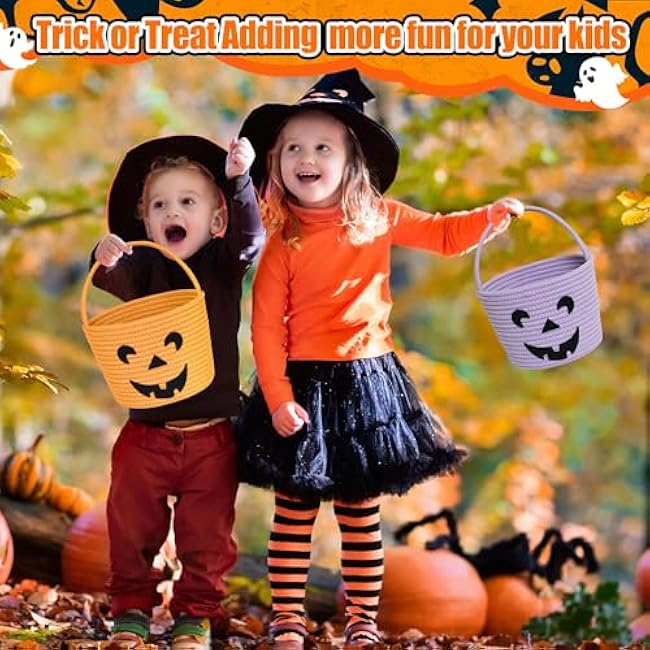 Halloween Pumpkin Basket for Kids, Trick or Treat Candy Bucket, Small Woven Boo Spooky Ghost Basket, Cute Cotton Rope Baby Fall Gift Bin, Halloween Decorations, Orange