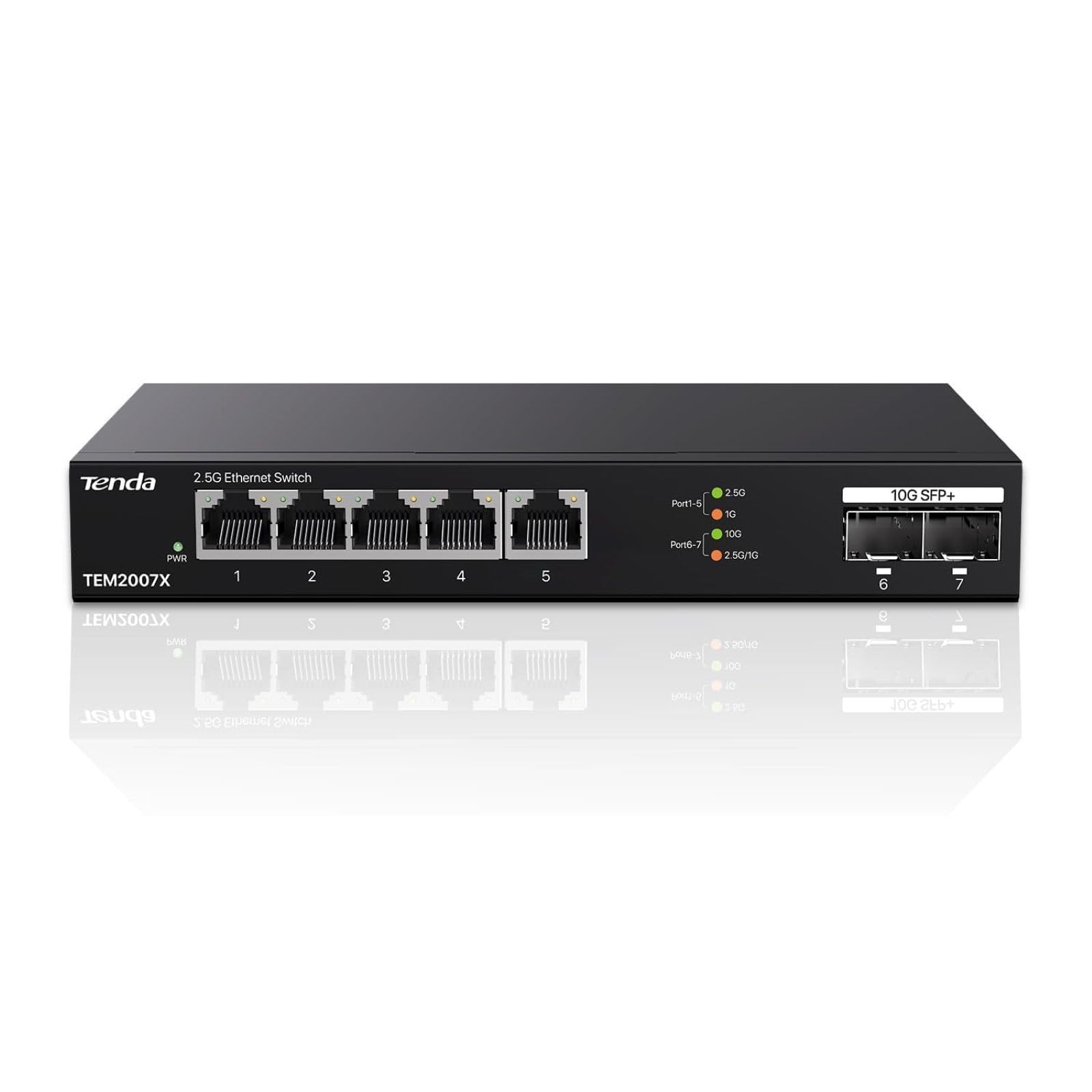 Tenda TEM2007X Switch 2.5G 5 Ports (2 SFP+ 10G, Non Géré) | Switch Ethernet 2.5G 5 ports + 2 SFP+ 10G, VLAN, agrégation statique, plug & play, métal, noir