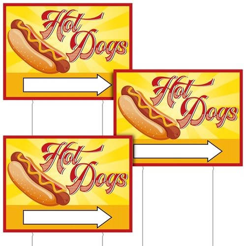 Blulu 3 Pcs Hot Dogs Sign 12 x 16'' Hot Dog Yard Sign Yellow Lawn Stand Supplies with Steel Stakes Double Sided Print for Store Event Business Offices Home Outdoor