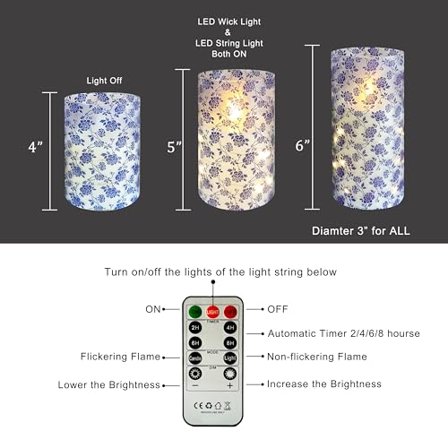Image of Flickering Flameless Candles Vintage Blue Floral Print, Embedded Star String Lights, Battery Operated Acrylic LED Pillar Candles with 11-Key Remote and Timer for Home Decoration, 3 Pack