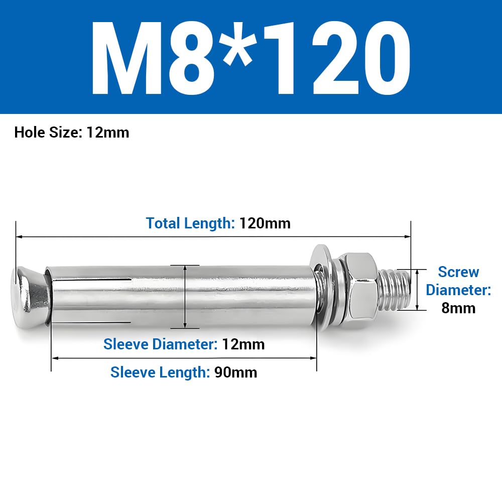 M8 x 120 mm, 10 tasselli ad espansione in acciaio inox 304 con dado e rondella per recinzioni e porte in cemento armato