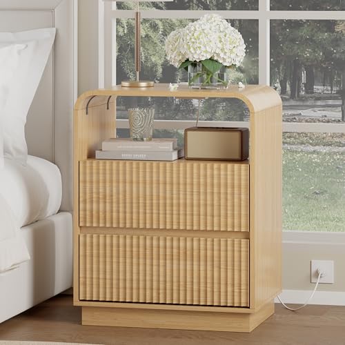Image of Wodeer Natural Oak Nightstand with Charging Station, Mid Century Modern Bedside Table & End Table, Fluted Wood Small Night Stand with 2 Hidden Drawers and Storage Shelf for Bedroom