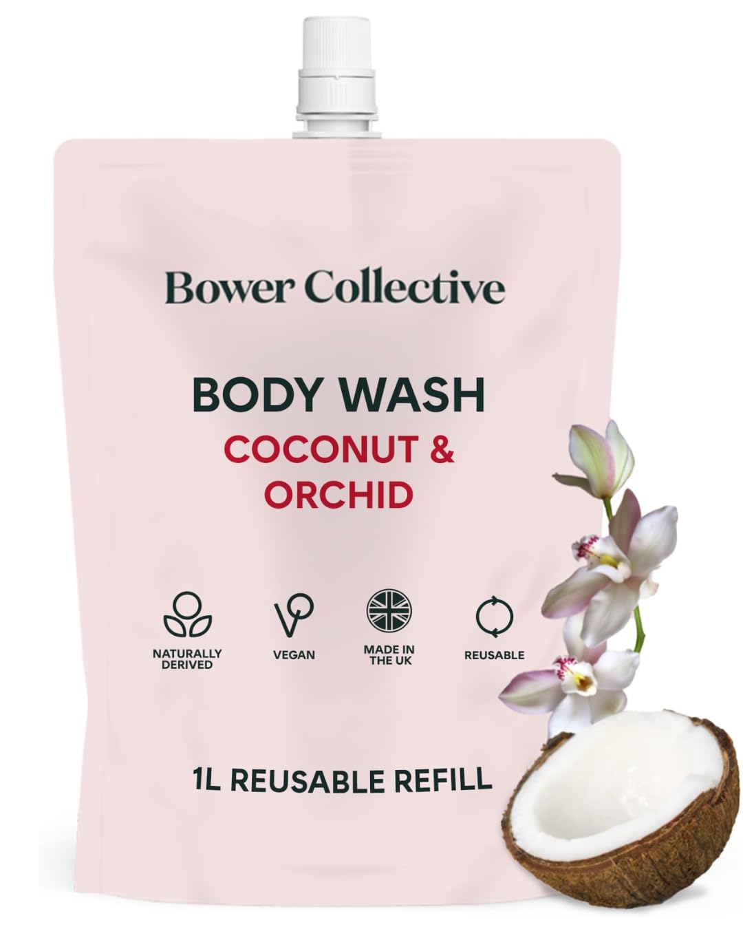Coconut & Orchid Natural Body Wash Refill Pouch 1 Litre, Organic Moisturising Shower Gel with Essential Oils, Zero Plastic Waste