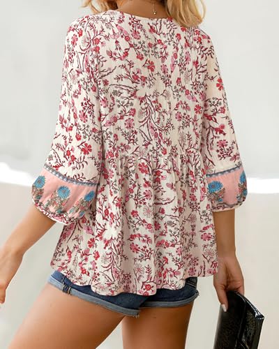 Vivilli Womens Summer Boho Babydoll Tops 3/4 Sleeve Pleated Peplum Blouses Casual V Neck Tie Front Fall Tunic Tops3