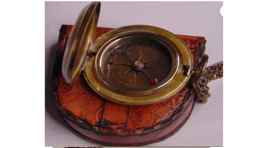 Brújula de navegación antigua de latón macizo con botón pulsador y estuche de cuero miniatura 2