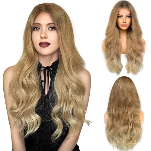 LUFFLOK Perruque Longue Ondulée Blonde pour Femmes 68cmCheveux Bouclés Synthétique Résistante...