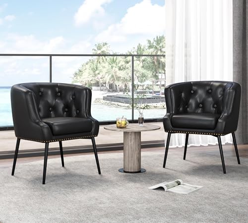 Yaheetech Modern Accent Chair, Faux Leather Retro Armchair, Upholstered Barrel Chair with Metal Leg and Comfy Seat Cushion for Living Room Bedroom, Black, Set of 2