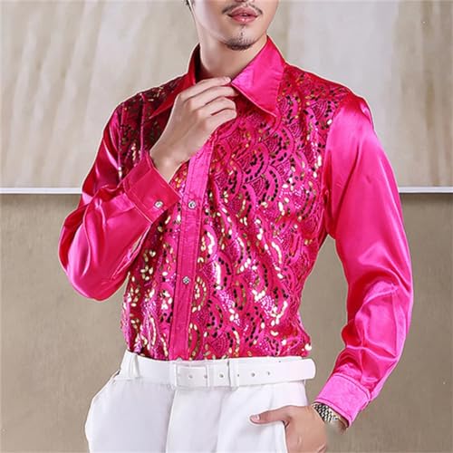 Men's Sequin Tuxedo Shirt Long Sleeve Solid Lapel Ruffled Casual Wedding Stage Dress Shirts3
