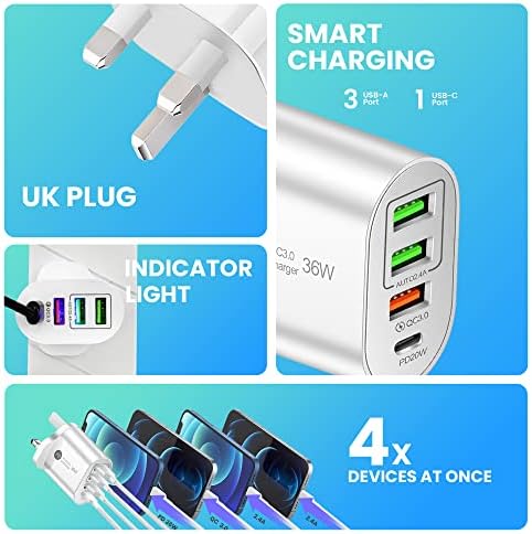 ELONSEY USB C 36W PD Wall Charger, 3.0 Quick Charging Multi-Port Power Adapter Compatible with iPhon 14/14 Pro Max/13 Pro/13 mini/12/11, New iPd 9, iPd mini 6, Glaxy S20 - White