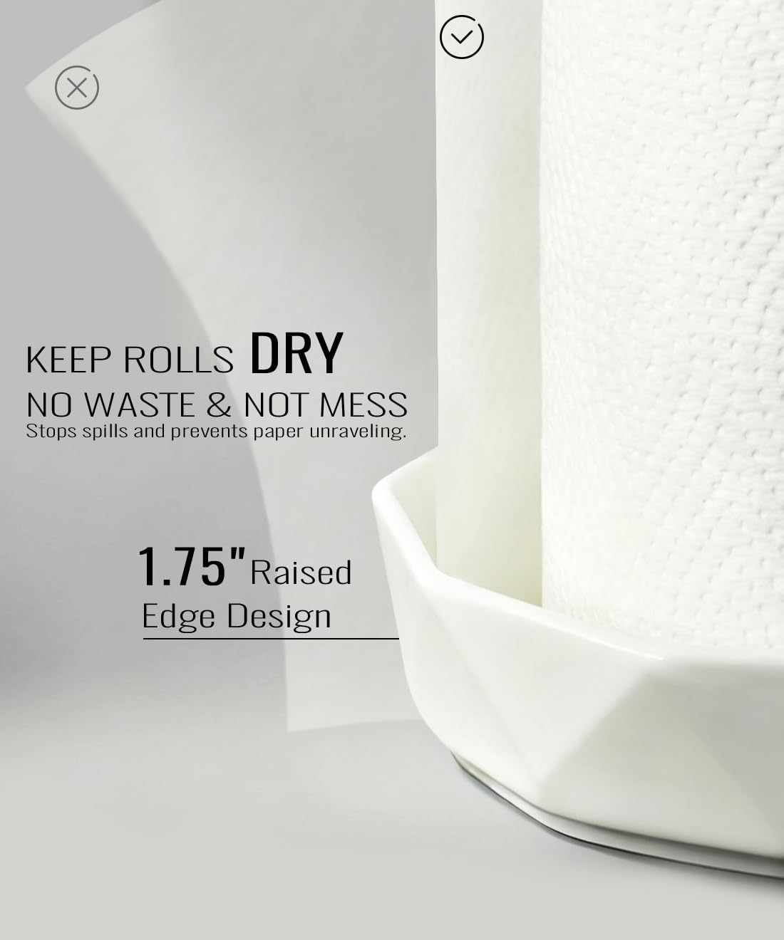 VROOMIUM Paper Towel Holder, Ceramic Base Water & Oil Resistant, Fits Double and Family Size Rolls, Stable and Easy to Clean Kitchen Roll Stand- Gold