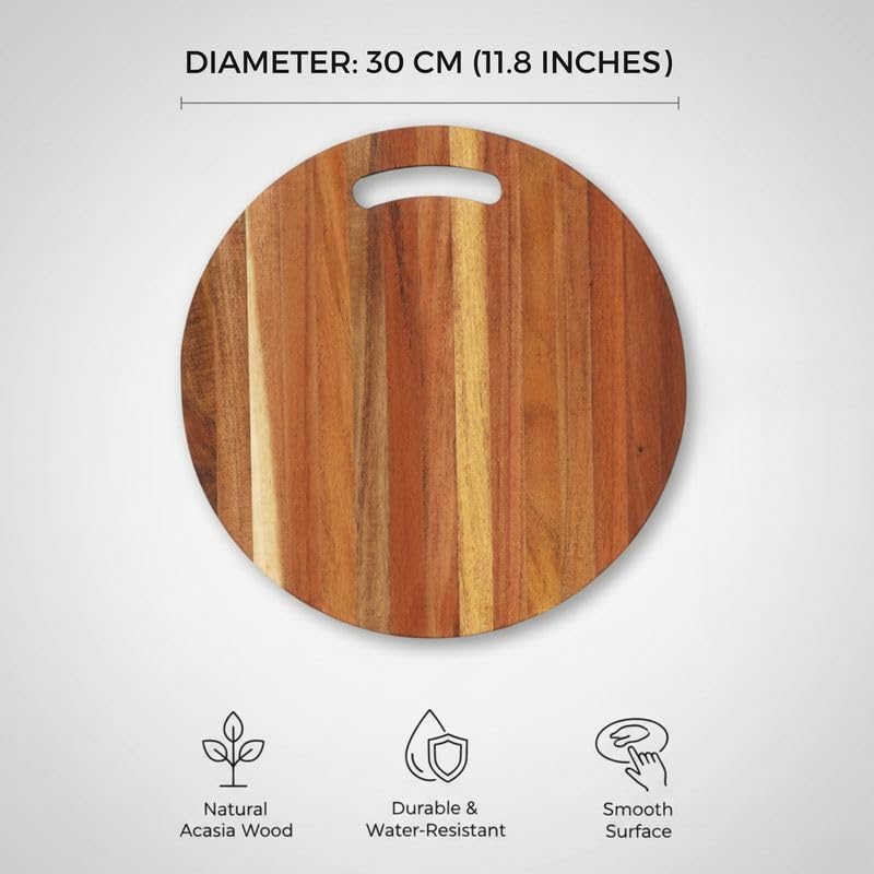 Tabla de Cortar Redonda Premium de Madera de Acacia con Mango para Queso, Pizza, Pan y Frutas, Tabla Ligera de Madera Maciza de 30 cm x 30 cm x 1.4 cm, No Tóxica, Libre de BPA y Sin Plástico de New M Way miniatura 2