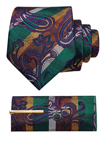 Image of YourTies Silk Paisley Floral Tie and Pocket Square Cufflinks with Lapel Pin Sets for Men 5PC Wedding Party