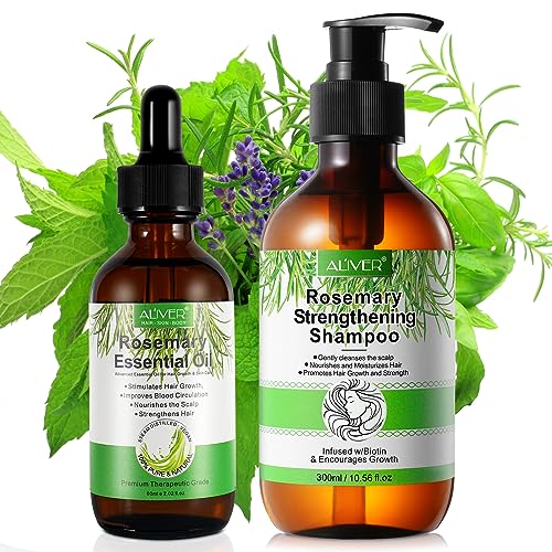 Rosemary Essential Oil & Rosemary Strengthening Shampoo with Biotin Set for Hair Growth, 100% Pure Natural, Loss Regrowth Treatment, Nourish Scalp, Organic Rosemary Oil & Shampoo for Hair Thinning