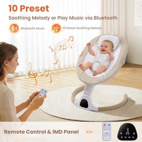 Babywippe Elektrisch, 0–6 Monate, max. 9 kg, Tragbares Neugeborenes Babyschaukel Indoor mit Bluetooth, 5 Schwenkgeschwindigkeiten, 3 Winkellage, Fernbedienung & Touch Panel Beige