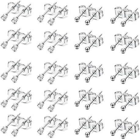 ORAZIO 6-20 Pairs Stainless Steel 2mm Tiny Stud Earrings For Mens Womens CZ Stud Ball Earrings Set (G: 20 Pairs, Silver-tone)