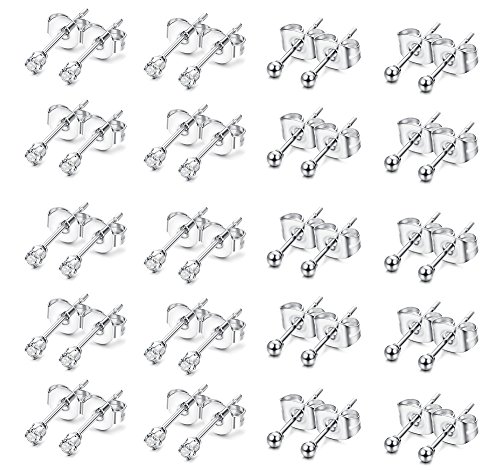 Orazio 6-20 Pairs Stainless Steel 2Mm Tiny Stud Earrings For Mens Womens Cz Stud Ball Earrings Set (G: 20 Pairs, Silver-Tone) #TOP7