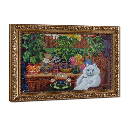 Chat botaniste de Louis Wain impression toile 50x75 cm décoration murale avec cadre à suspendre