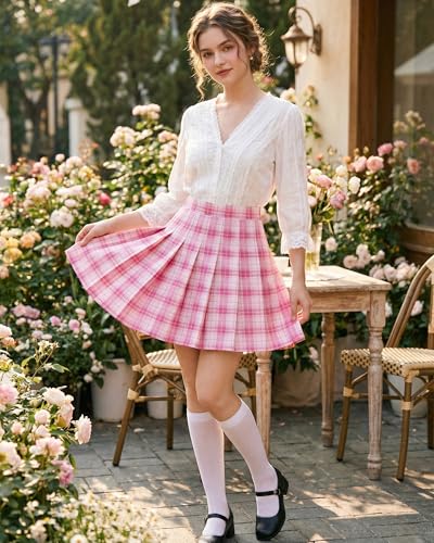 Image of Shestellar Stretchy Short Pleated Skirts for Women Cheerleader Uniform High Waist A-line Mini Skirt Pink Plaid XL