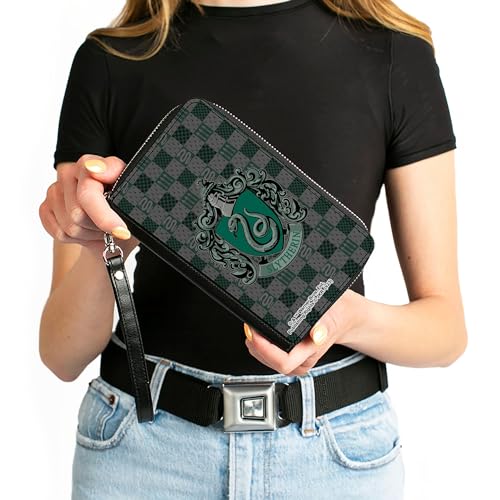 Buckle-Down The Wizarding World of Harry Potter Wallet, Zip Around, Slytherin Crest Heraldry Checkers Gray Greens, Vegan Leather4