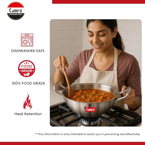 Image of Camro Triply Artisian Kadhai 5.8 Litre | Tasla kadai Steel Stainless Round Kadhai for Deep Frying Stir-Fry| Induction Base Kadai for Cooking Triply Kadai Without lid | Induction Friendly