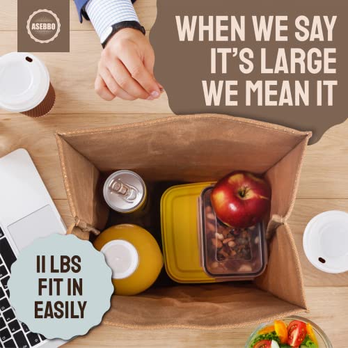 Asebbo Waxed Canvas Lunch Bag - Reusable Waterproof Lunch Sack for Office Work School Snacks - Brown Paper Bag Styled Large Lunch Bags for Women, Men, Kids - Made of 16 Oz Double Stitched Waxed Canvas - Image 4