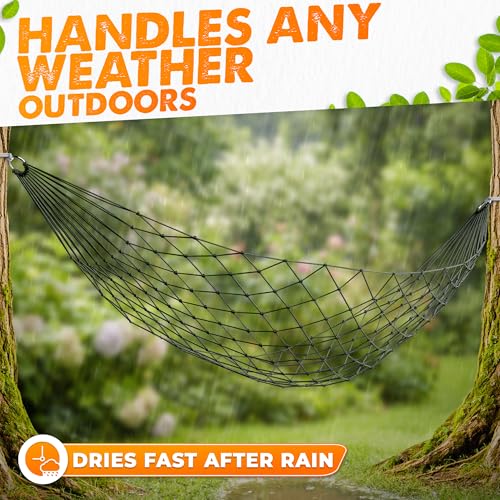 Durable Mesh Hammock - Relax & Unwind Between Two Trees, Portable Rope Hammocks for Outdoor Camping - No Stand Required, 220 lb Capacity, Lightweight 13 oz Nylon Net Bed for Backyard, Garden, Patio, Beach, Travel, Dark Green - Image 6