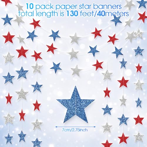 Image of Patelai Glitter Star Garland Banner 2026 Graduation Decor 130 Feet Star Hanging Banner Twinkle Backdrop for Party Birthday Classroom Wedding Supplies(Red, Blue, Silver)