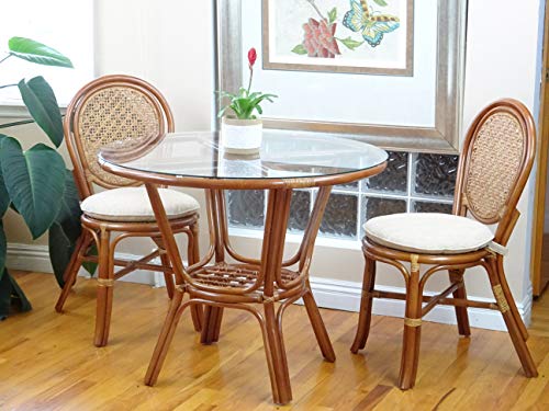 3-Pc Rattan Wicker Dining Set Round Table Glass Top And 2 Denver Side Chairs With Cream Cushions, Colonial #TOP2