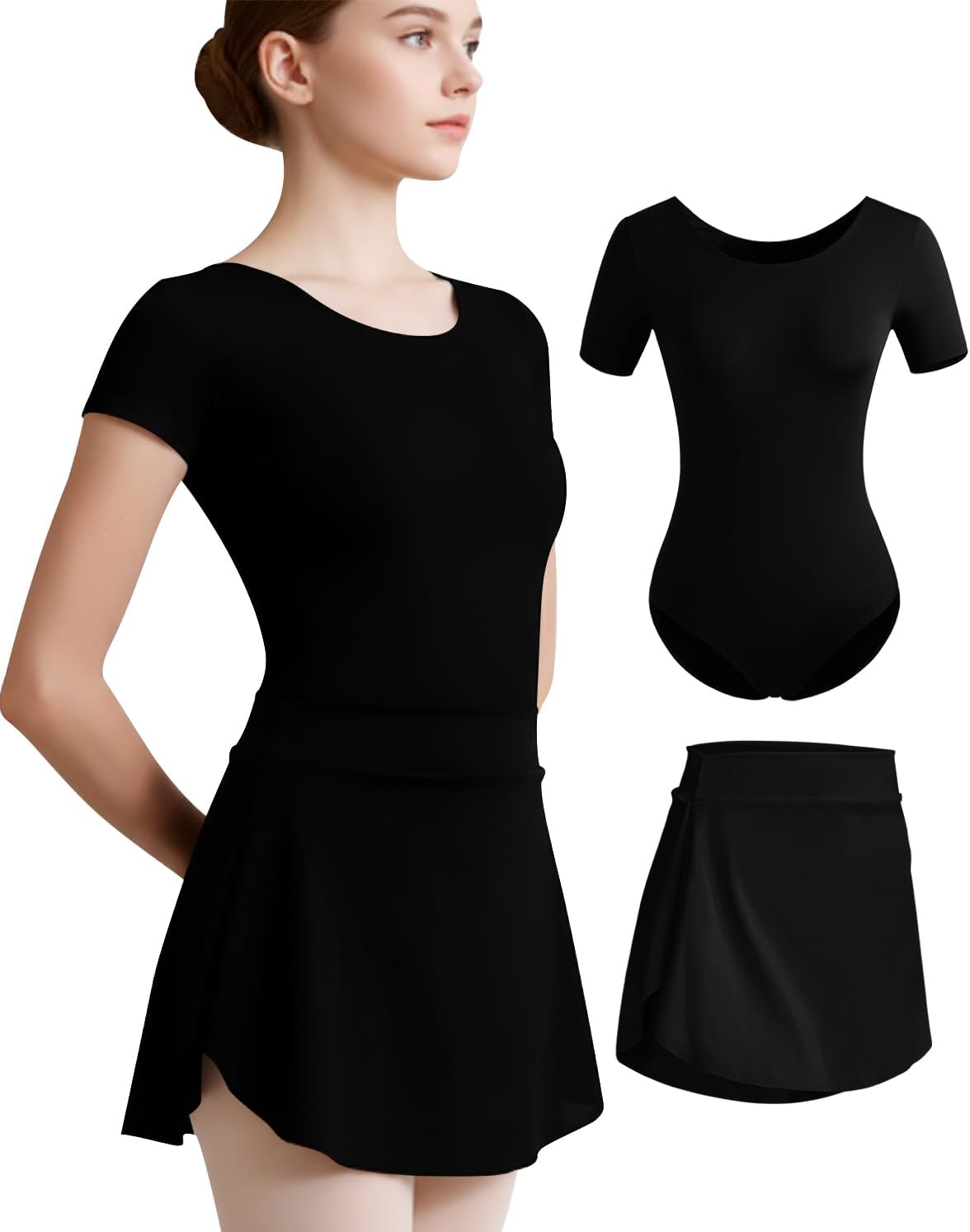 WYHDY Women Ballet leotard with Pull on Skirt,Round Neck Short Sleeve