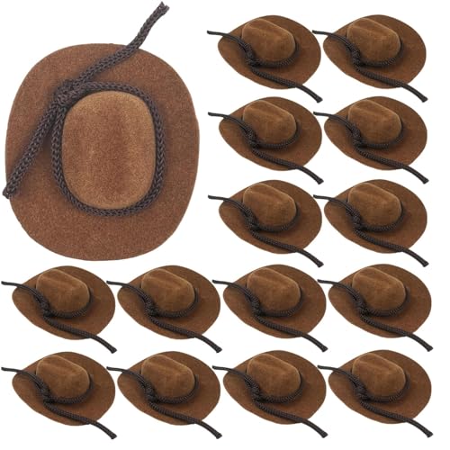 SHEHARUHI 15 Pcs Mini Flocked Cowboy Hat Set - Tiny Decorative Hats for Party Pets and Dolls (2 Inch Brown)