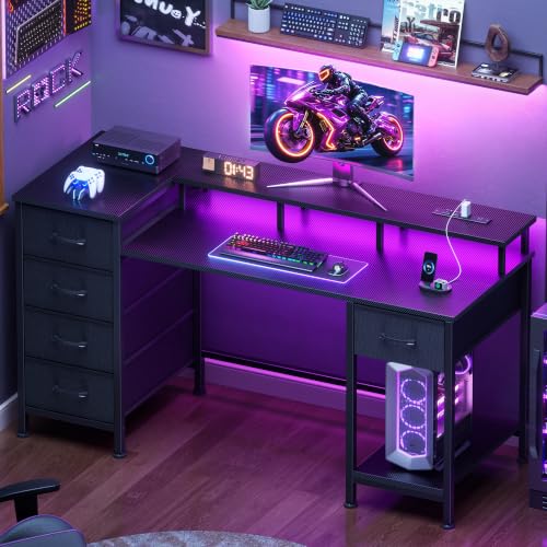 Image of Korfile 47 Inch Computer Gaming Desk with Power Outlets & LED Lights Reversible Home Office Desk with Adjustable 5 Fabric Storage Drawers for Working Writing Study, Carbon Fiber Black